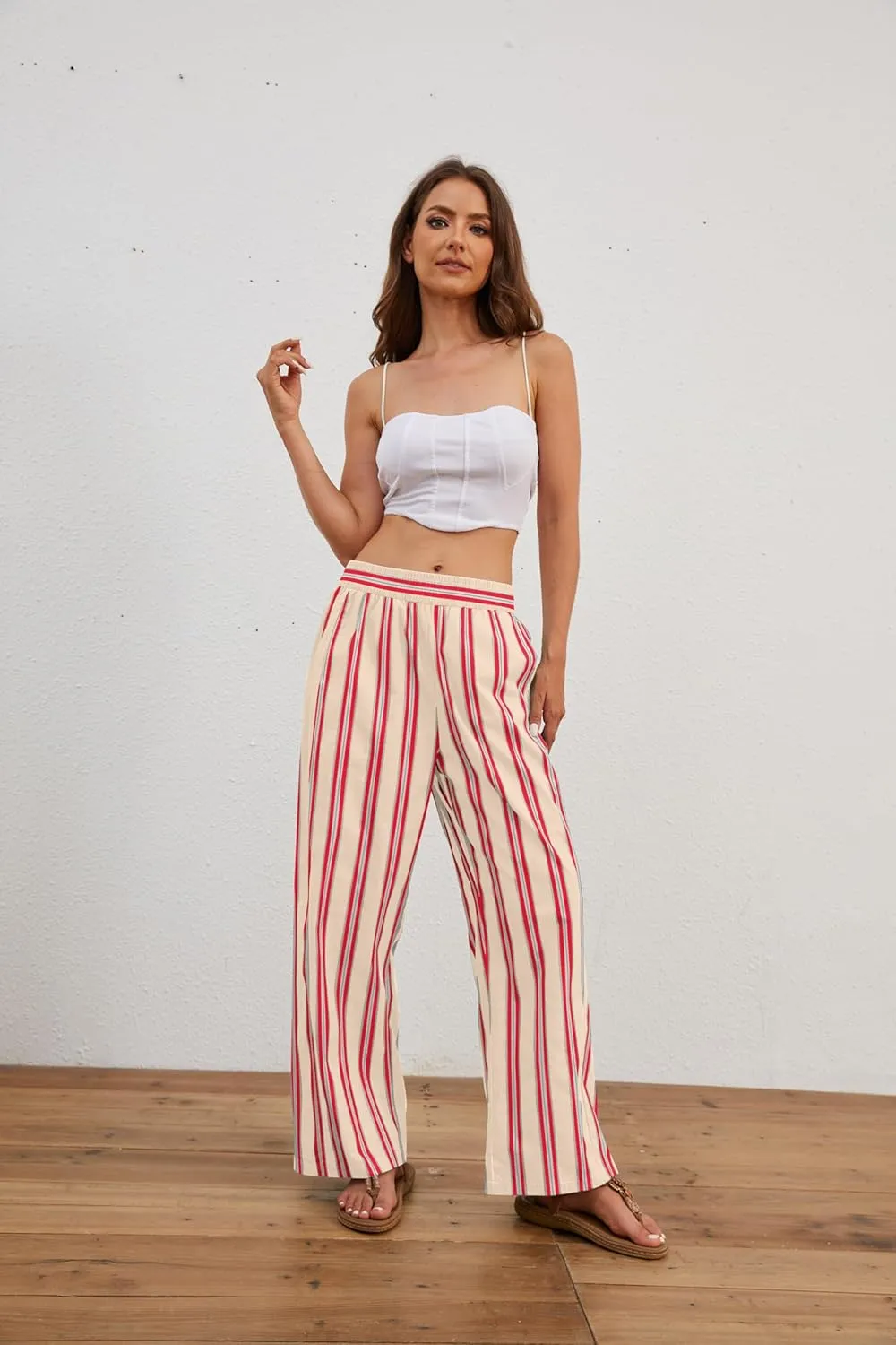 MISSACTIVER Women Drawstring Striped Pants Loose Wide Leg Trousers Casual Low Waist Pants Comfy Lounge Pants with Pockets