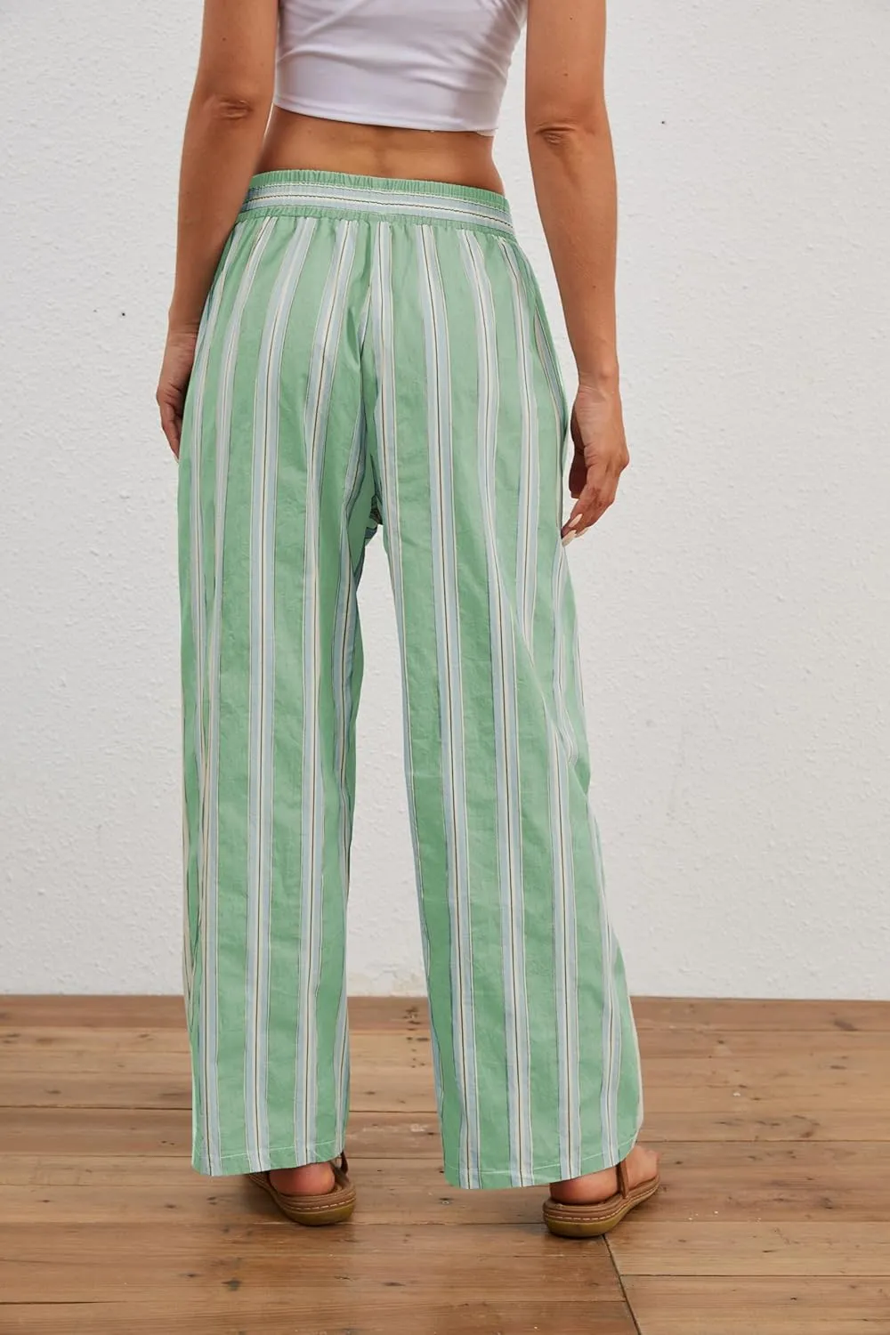 MISSACTIVER Women Drawstring Striped Pants Loose Wide Leg Trousers Casual Low Waist Pants Comfy Lounge Pants with Pockets