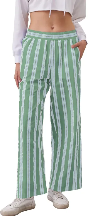 MISSACTIVER Women Drawstring Striped Pants Loose Wide Leg Trousers Casual Low Waist Pants Comfy Lounge Pants with Pockets