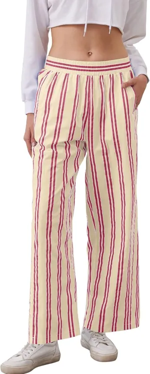 MISSACTIVER Women Drawstring Striped Pants Loose Wide Leg Trousers Casual Low Waist Pants Comfy Lounge Pants with Pockets