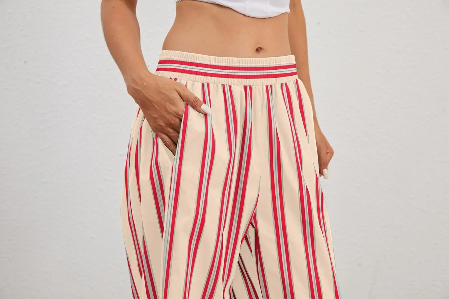 MISSACTIVER Women Drawstring Striped Pants Loose Wide Leg Trousers Casual Low Waist Pants Comfy Lounge Pants with Pockets