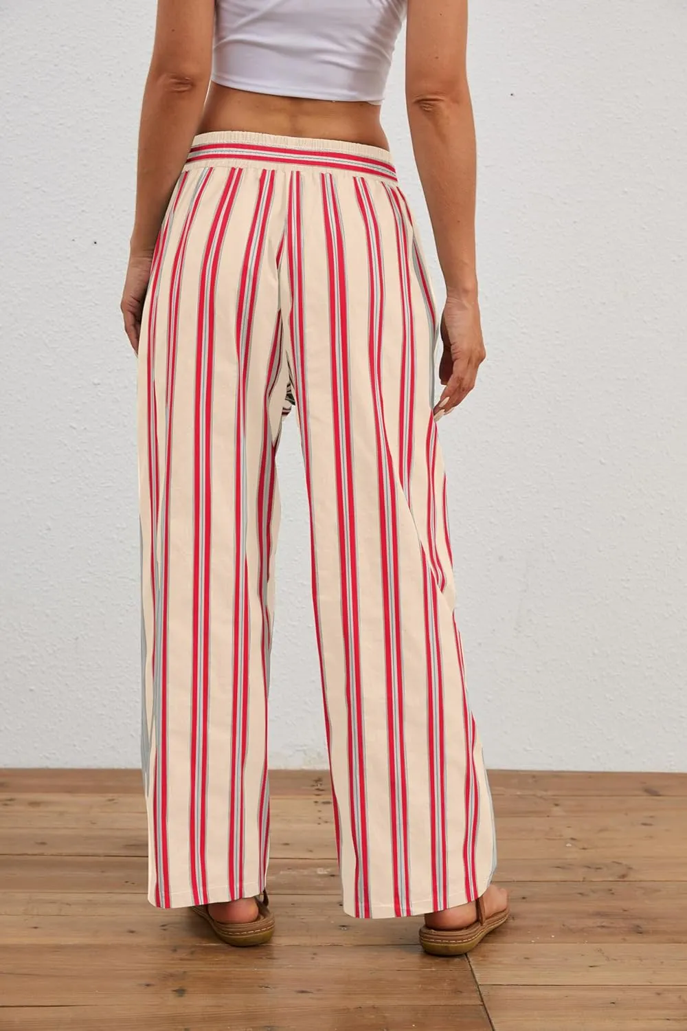 MISSACTIVER Women Drawstring Striped Pants Loose Wide Leg Trousers Casual Low Waist Pants Comfy Lounge Pants with Pockets