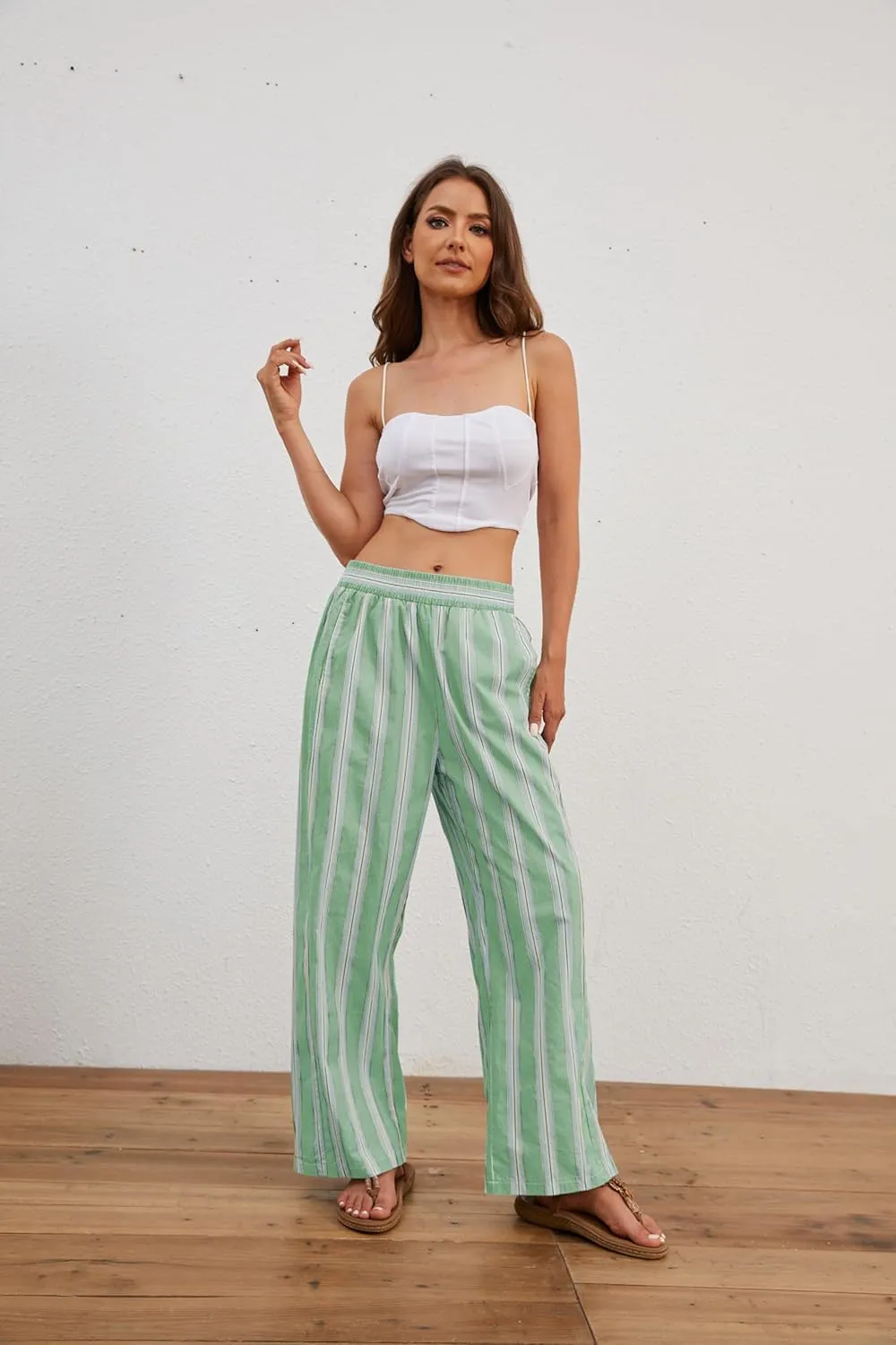MISSACTIVER Women Drawstring Striped Pants Loose Wide Leg Trousers Casual Low Waist Pants Comfy Lounge Pants with Pockets