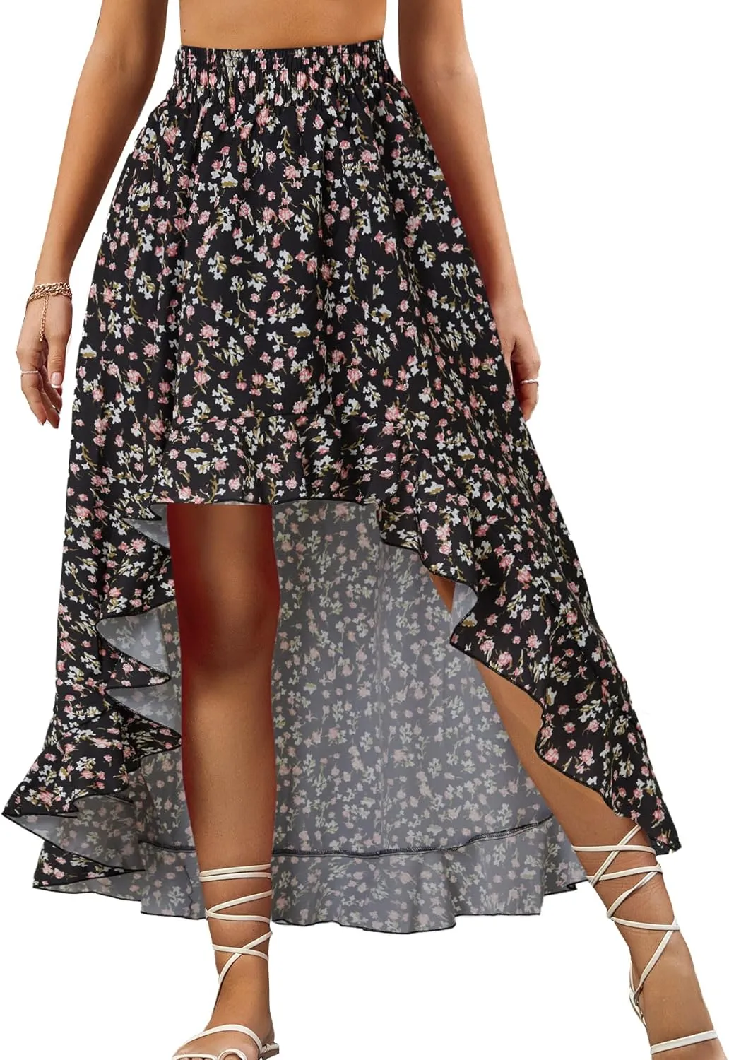 OPOIPIN Women's Leopard Print Elastic Waist High Low Ruffle Hem Casual Long Maxi Skirt