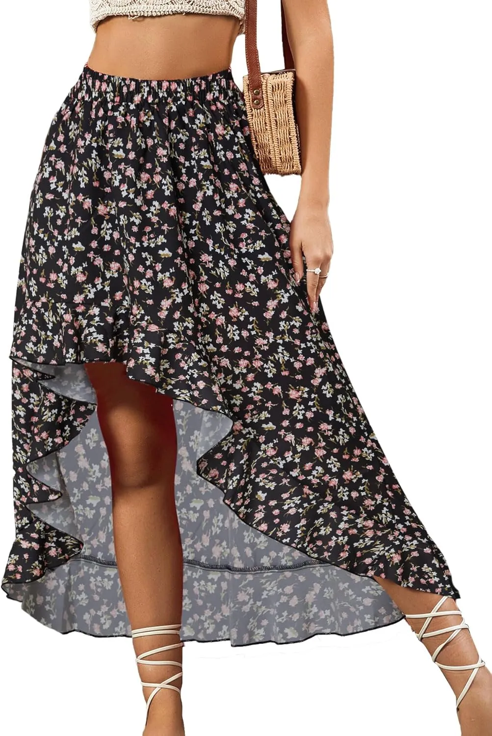 OPOIPIN Women's Leopard Print Elastic Waist High Low Ruffle Hem Casual Long Maxi Skirt