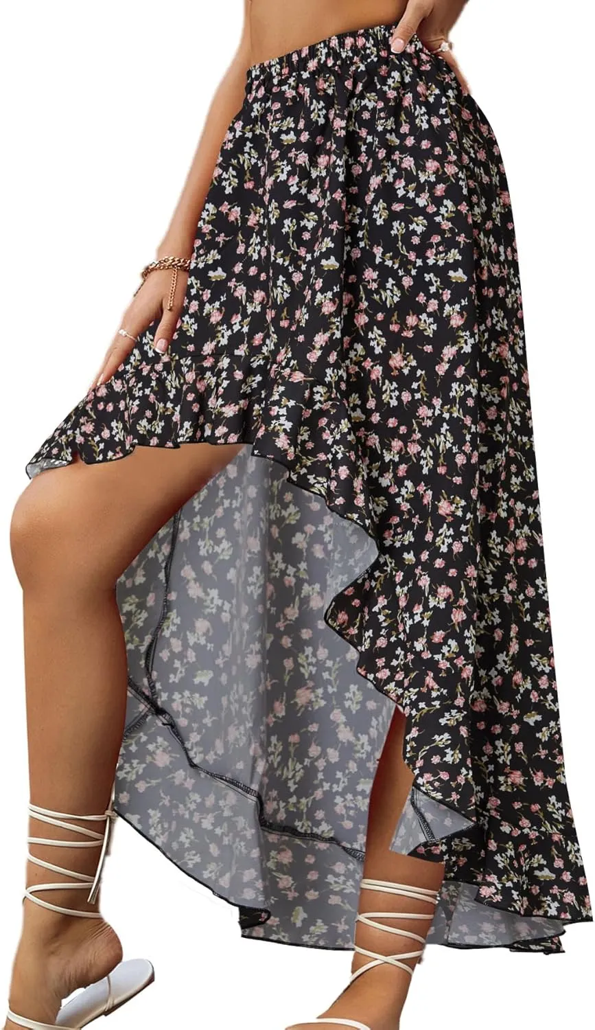 OPOIPIN Women's Leopard Print Elastic Waist High Low Ruffle Hem Casual Long Maxi Skirt