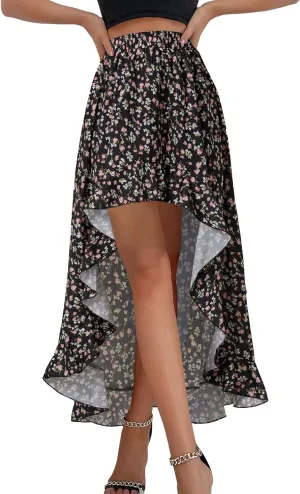 OPOIPIN Women's Leopard Print Elastic Waist High Low Ruffle Hem Casual Long Maxi Skirt