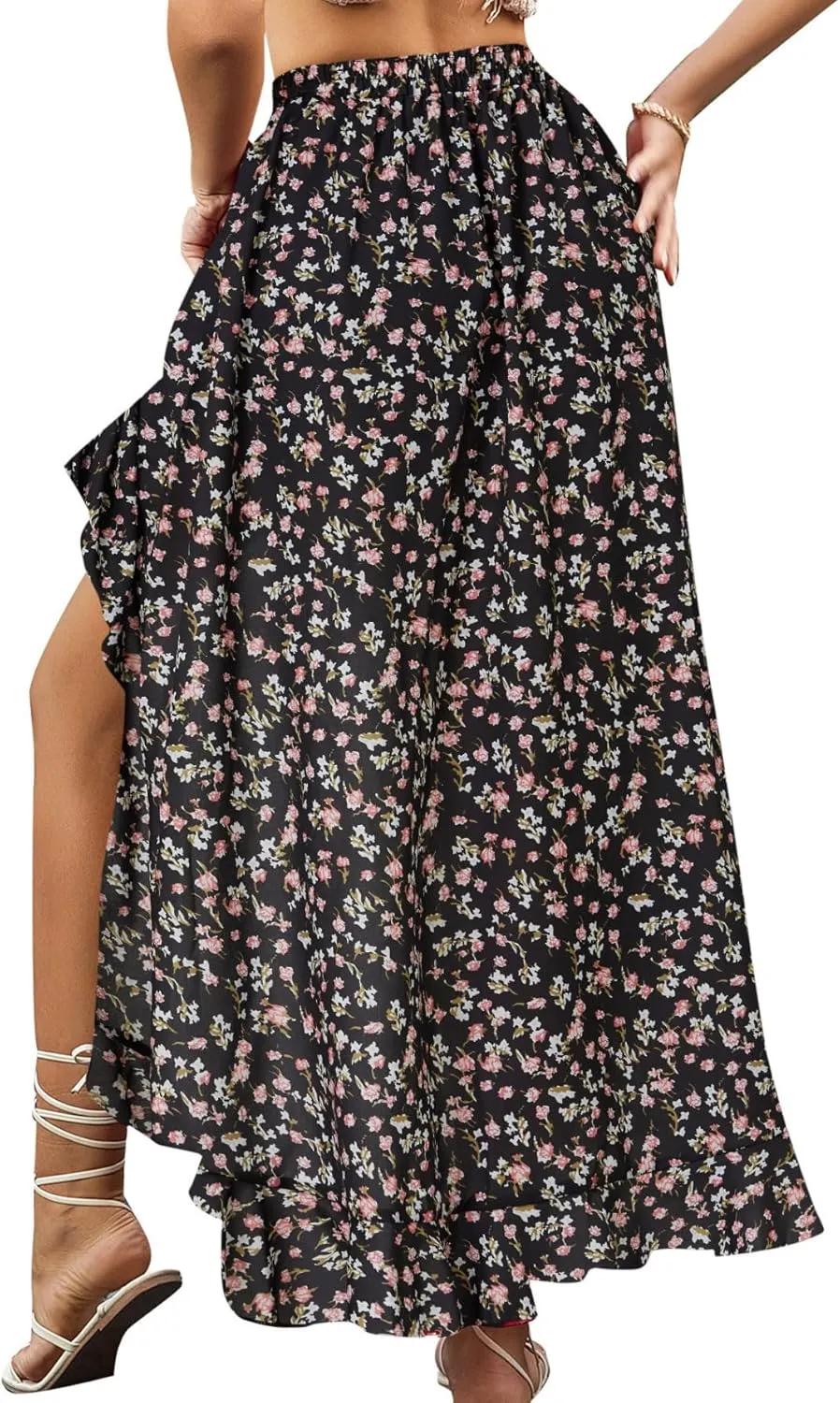 OPOIPIN Women's Leopard Print Elastic Waist High Low Ruffle Hem Casual Long Maxi Skirt