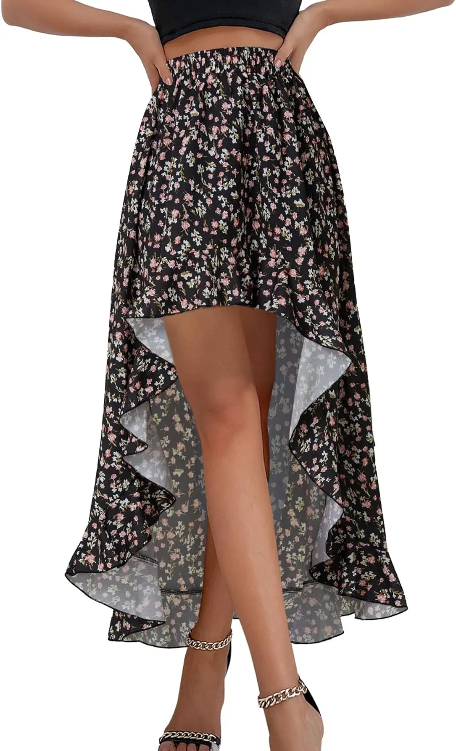 OPOIPIN Women's Leopard Print Elastic Waist High Low Ruffle Hem Casual Long Maxi Skirt