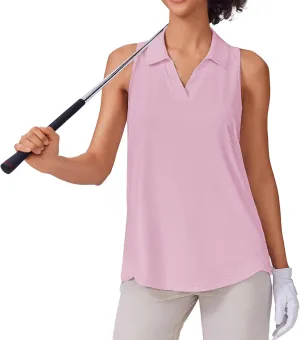 PINSPARK Womens Golf Shirt UPF 50  Sleeveless Collared Shirts Quick Dry Tennis Polo V-Neck Racerback Athletic Workout Tank
