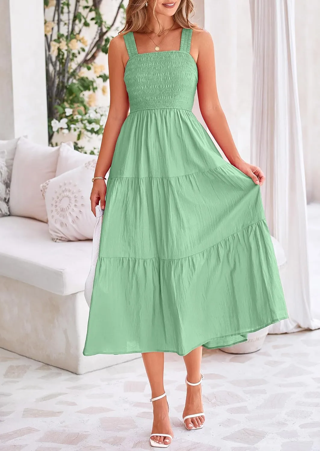 PRETTYGARDEN Midi Dress for Women 2025 Summer Smocked Ruffle A Line Long Flowy Dresses Cute Sleeveless Beach Sundress