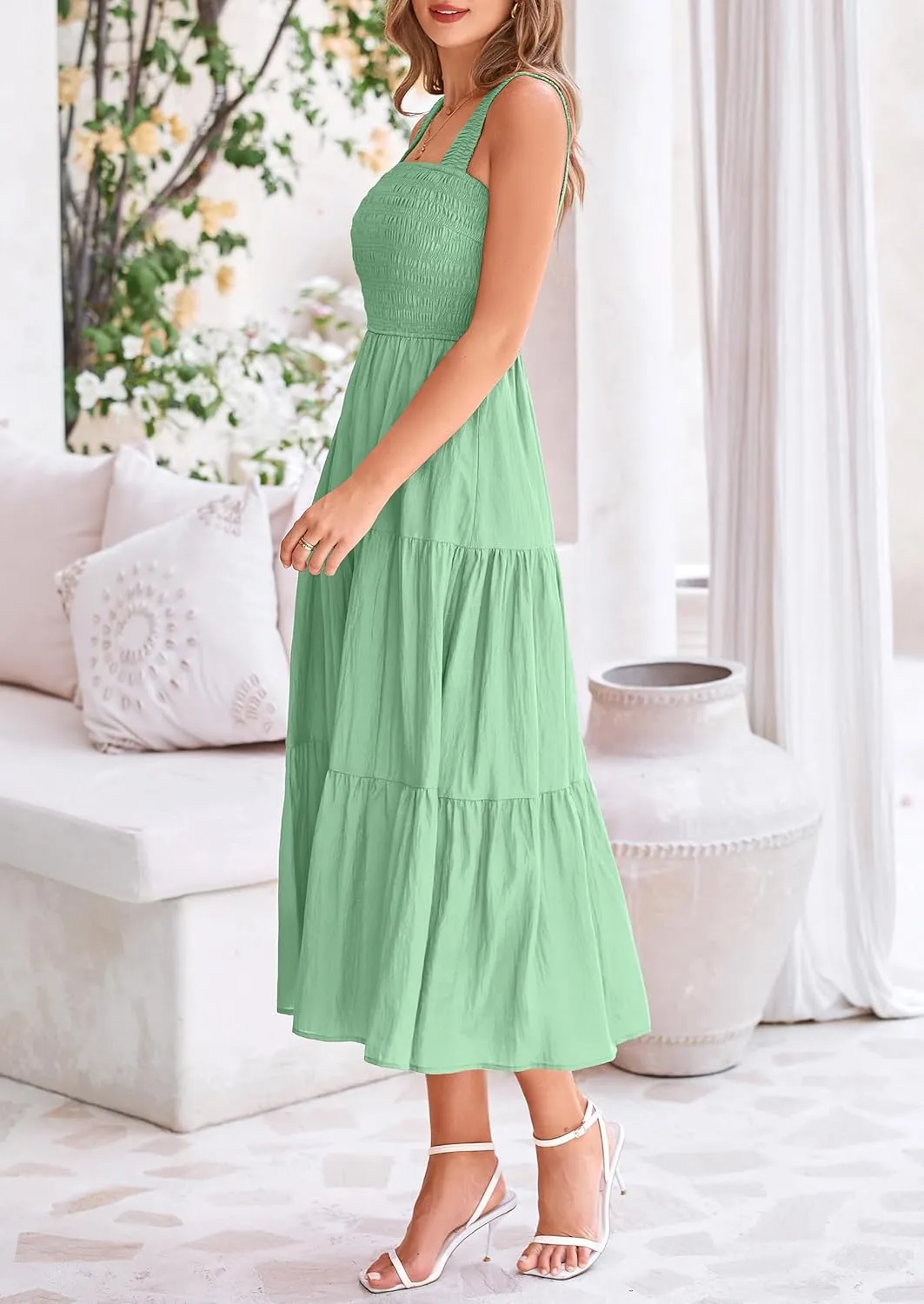 PRETTYGARDEN Midi Dress for Women 2025 Summer Smocked Ruffle A Line Long Flowy Dresses Cute Sleeveless Beach Sundress