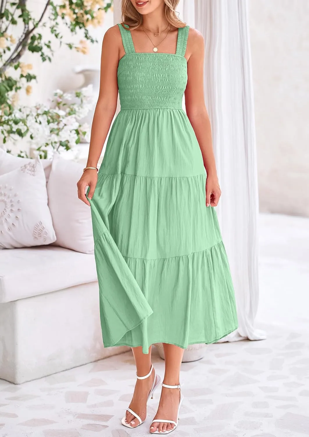 PRETTYGARDEN Midi Dress for Women 2025 Summer Smocked Ruffle A Line Long Flowy Dresses Cute Sleeveless Beach Sundress