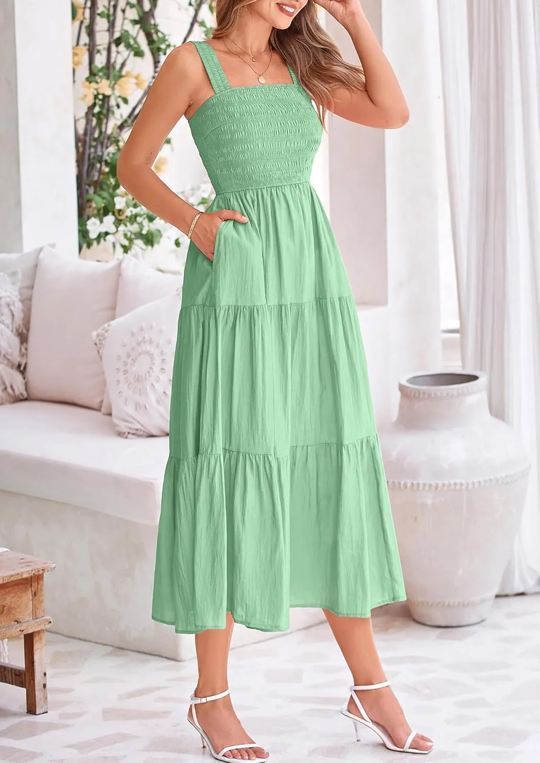 PRETTYGARDEN Midi Dress for Women 2025 Summer Smocked Ruffle A Line Long Flowy Dresses Cute Sleeveless Beach Sundress