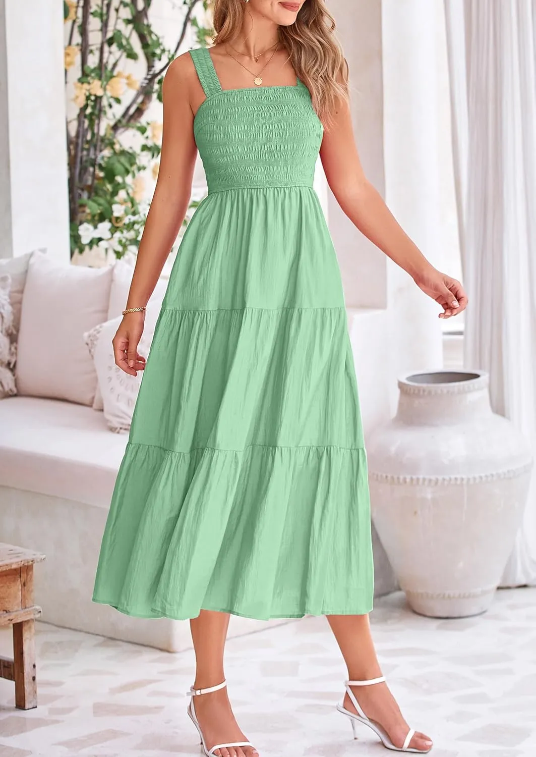 PRETTYGARDEN Midi Dress for Women 2025 Summer Smocked Ruffle A Line Long Flowy Dresses Cute Sleeveless Beach Sundress