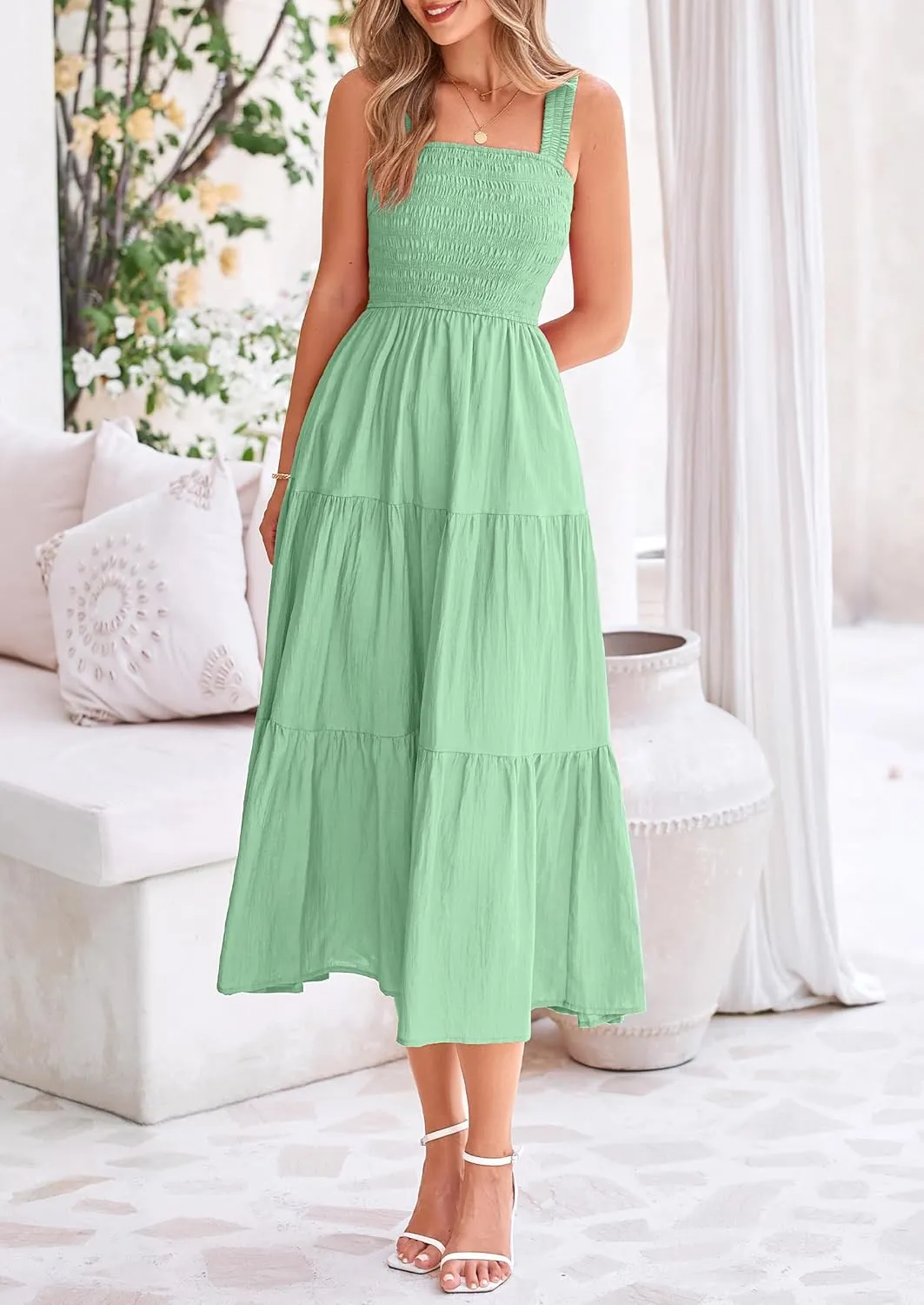 PRETTYGARDEN Midi Dress for Women 2025 Summer Smocked Ruffle A Line Long Flowy Dresses Cute Sleeveless Beach Sundress