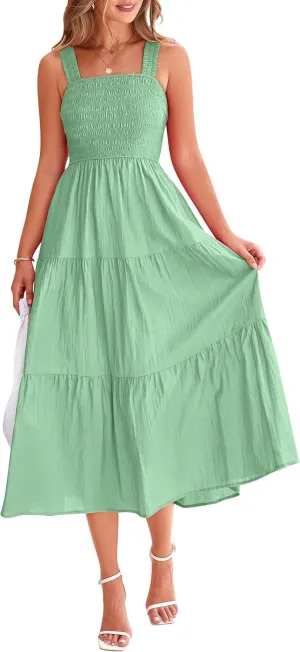 PRETTYGARDEN Midi Dress for Women 2025 Summer Smocked Ruffle A Line Long Flowy Dresses Cute Sleeveless Beach Sundress