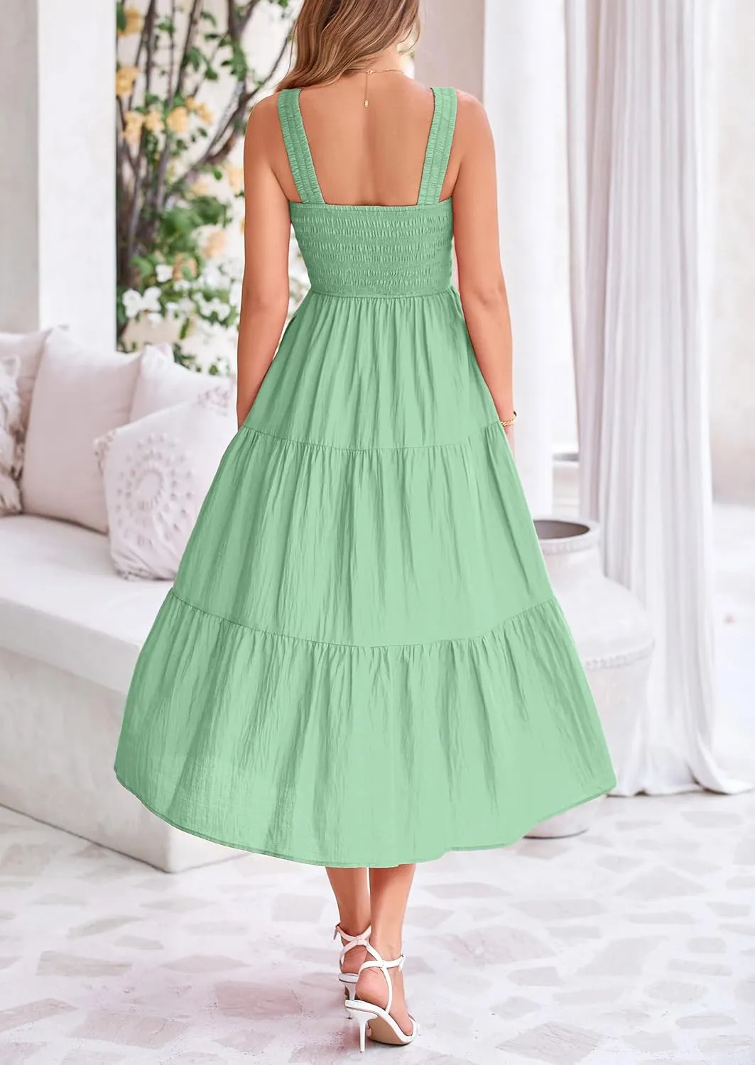 PRETTYGARDEN Midi Dress for Women 2025 Summer Smocked Ruffle A Line Long Flowy Dresses Cute Sleeveless Beach Sundress