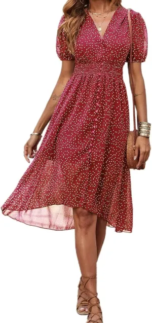 PRETTYGARDEN Women's Floral Wrap V-Neck Midi Dress Short Sleeve Boho Summer Beach Long Dress High Low Hem Smocked Dress Women