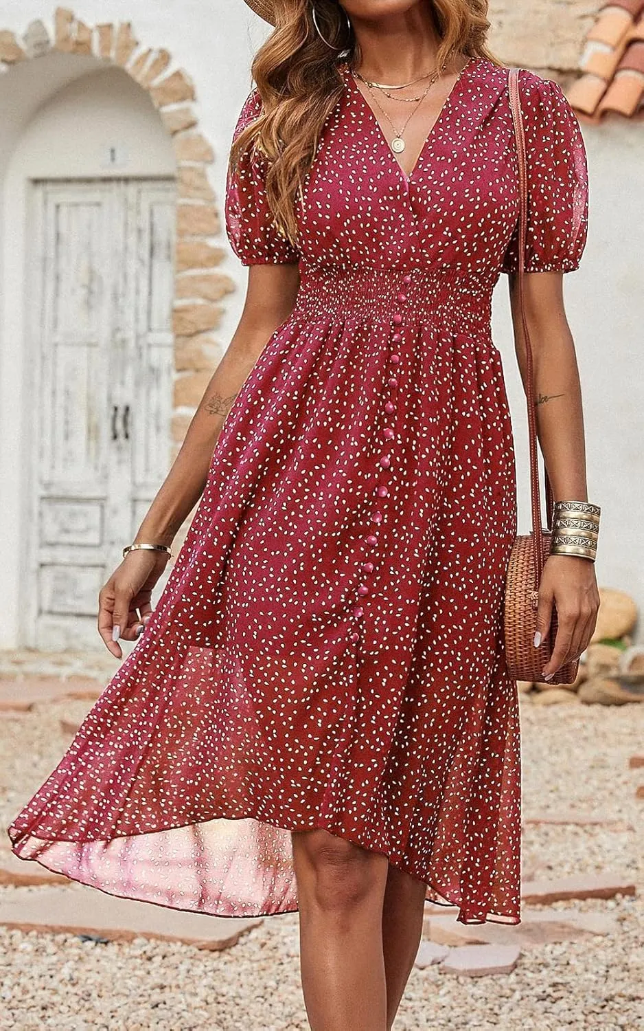 PRETTYGARDEN Women's Floral Wrap V-Neck Midi Dress Short Sleeve Boho Summer Beach Long Dress High Low Hem Smocked Dress Women