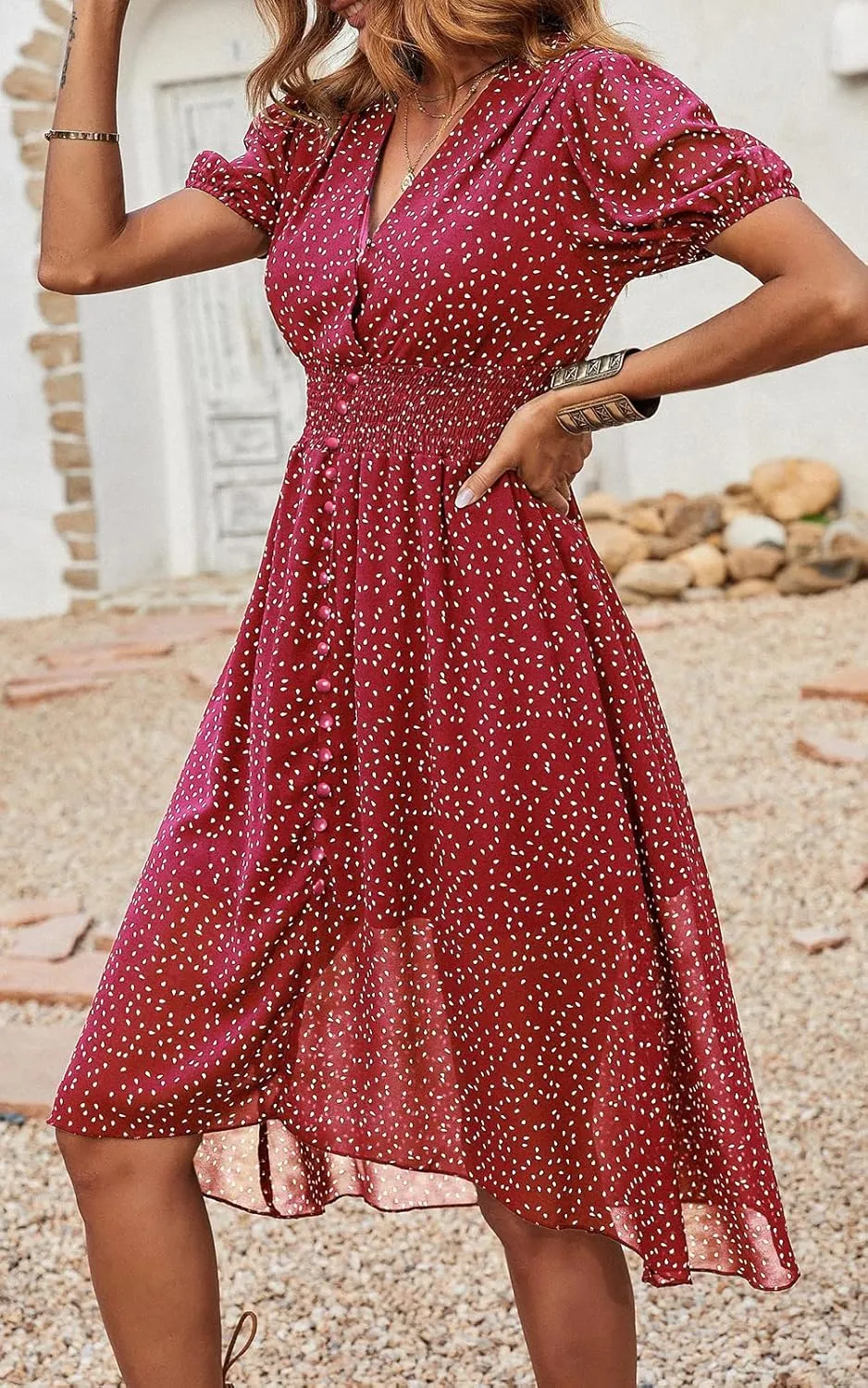 PRETTYGARDEN Women's Floral Wrap V-Neck Midi Dress Short Sleeve Boho Summer Beach Long Dress High Low Hem Smocked Dress Women