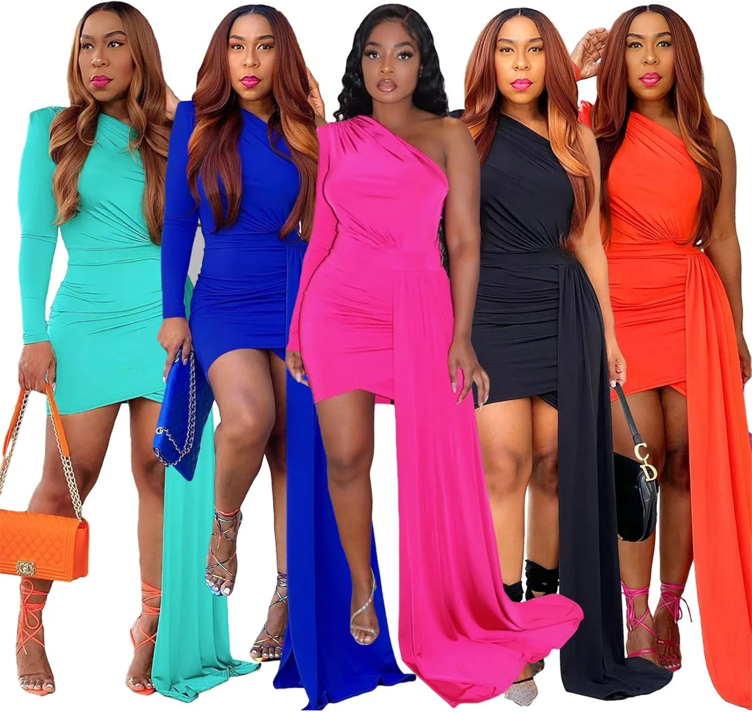 Recious Womens Sexy Asymmetrical S;eeve One Shoulder Bodycon High Low Hem Party Clubwear Prom Dress