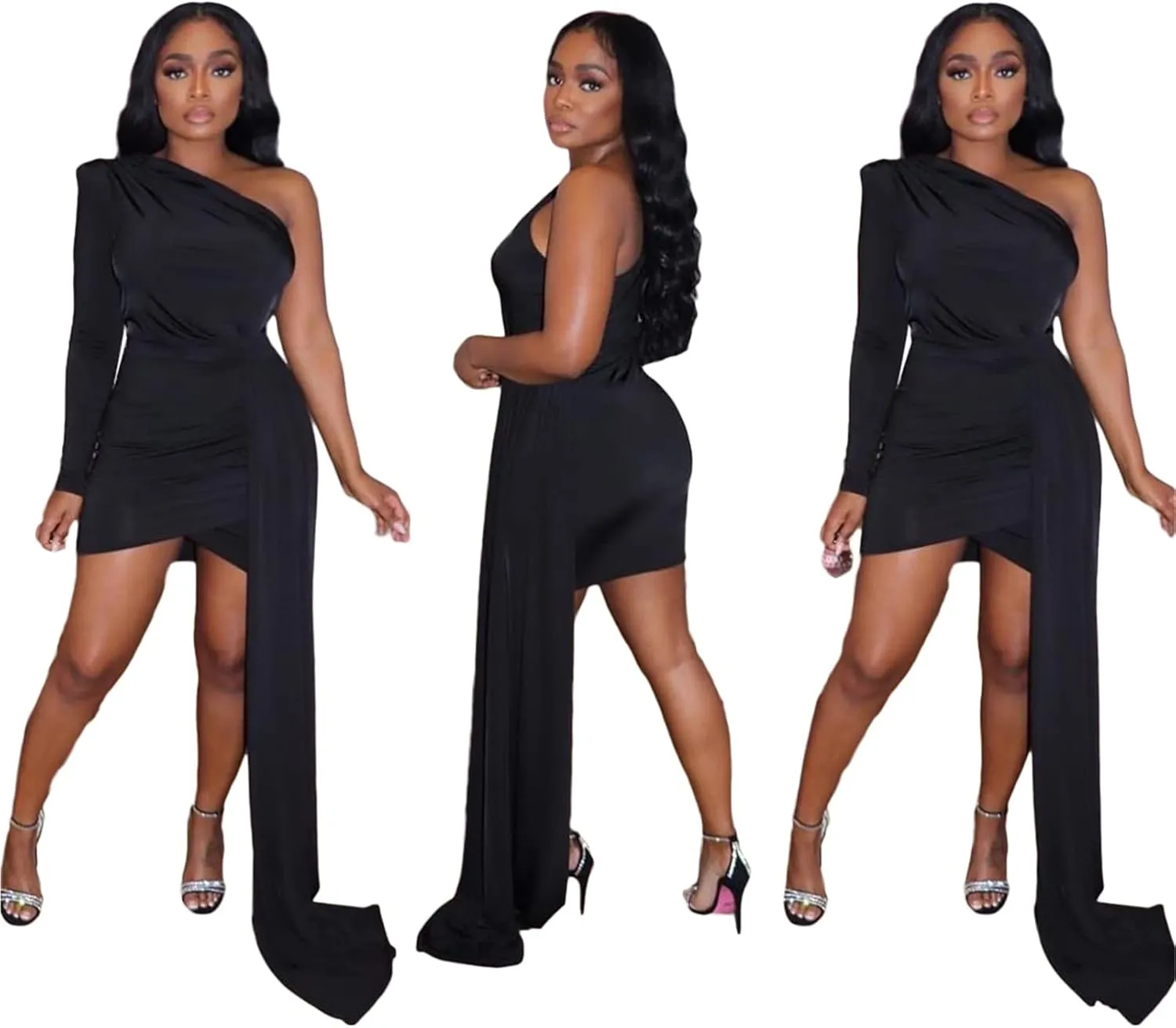Recious Womens Sexy Asymmetrical S;eeve One Shoulder Bodycon High Low Hem Party Clubwear Prom Dress