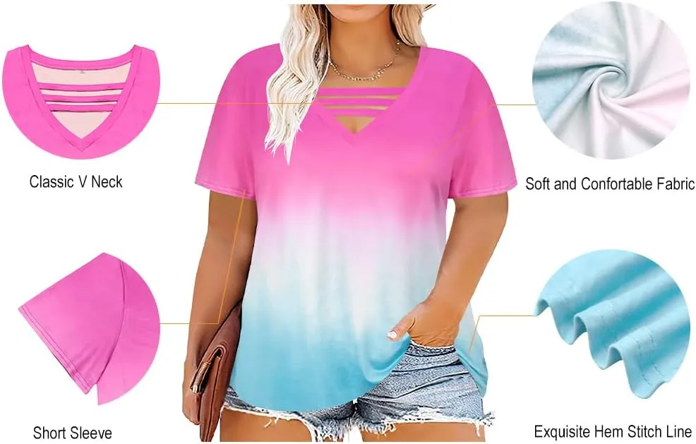 RITERA Plus Size Tops For Women Short Sleeve T Shirt V Neck Cut Out Summer Tee Blouses
