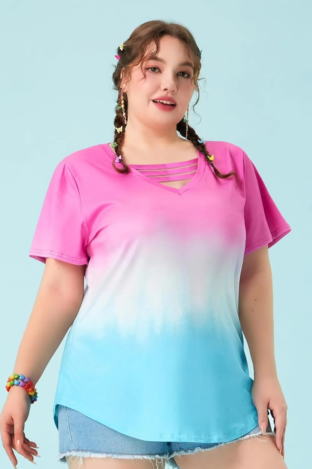 RITERA Plus Size Tops For Women Short Sleeve T Shirt V Neck Cut Out Summer Tee Blouses