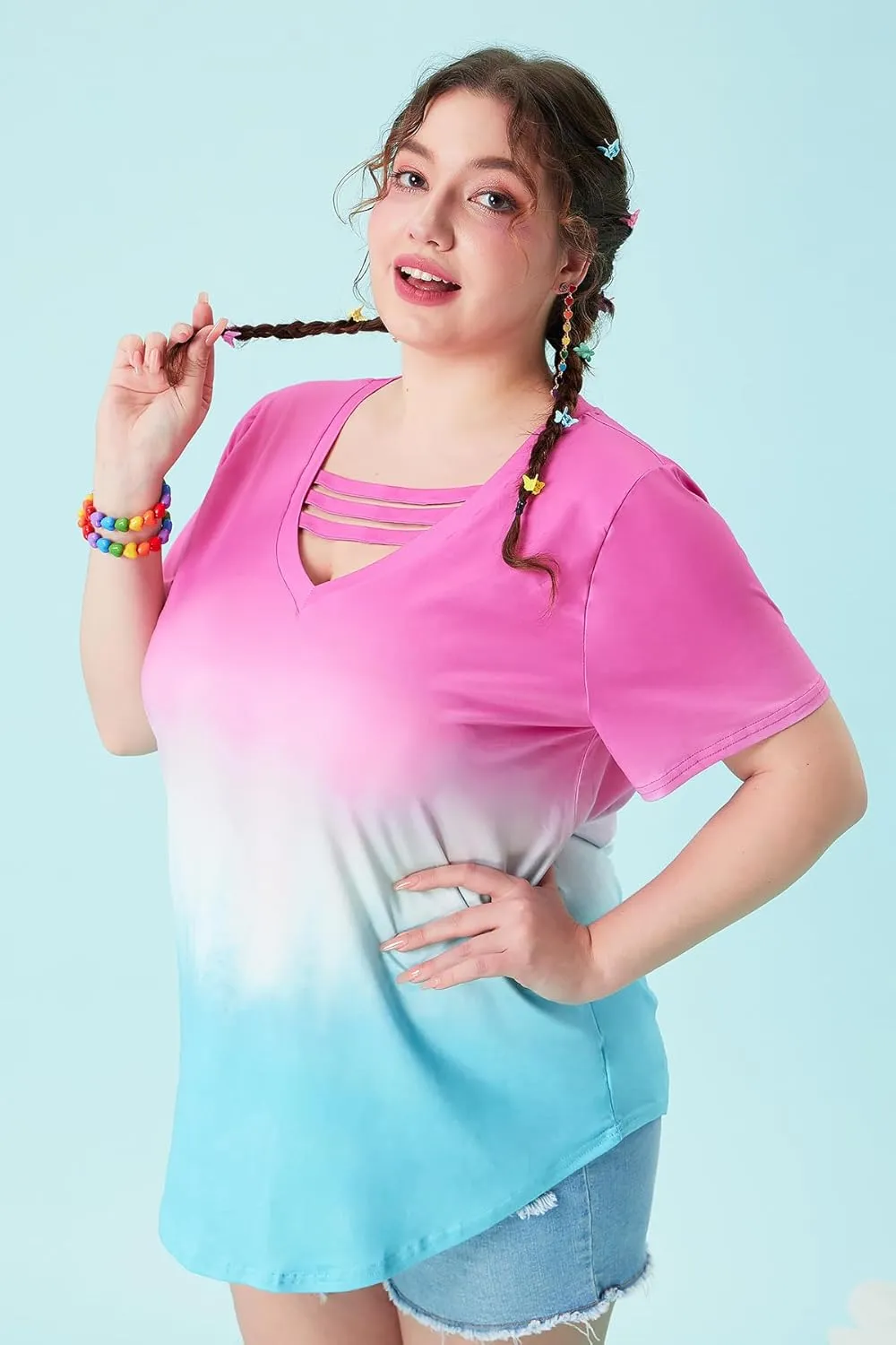 RITERA Plus Size Tops For Women Short Sleeve T Shirt V Neck Cut Out Summer Tee Blouses