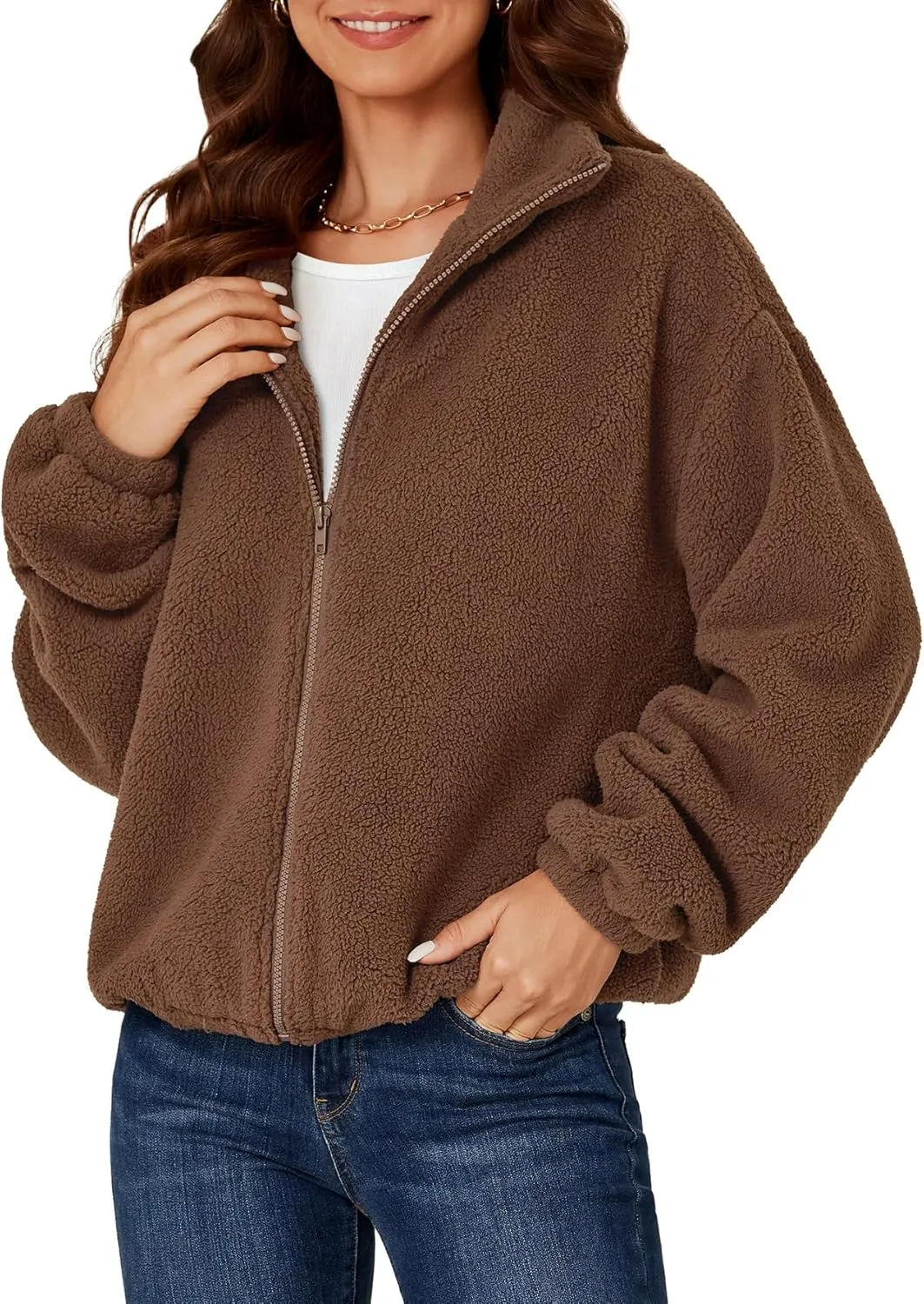 Rooscier Women's Full Zip Fleece Lapel Long Sleeve Fuzzy Sherpa Jacket Warm Teddy Coat