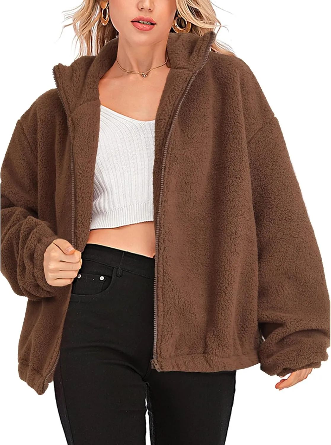 Rooscier Women's Full Zip Fleece Lapel Long Sleeve Fuzzy Sherpa Jacket Warm Teddy Coat