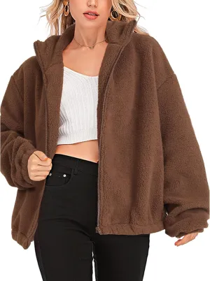 Rooscier Women's Full Zip Fleece Lapel Long Sleeve Fuzzy Sherpa Jacket Warm Teddy Coat