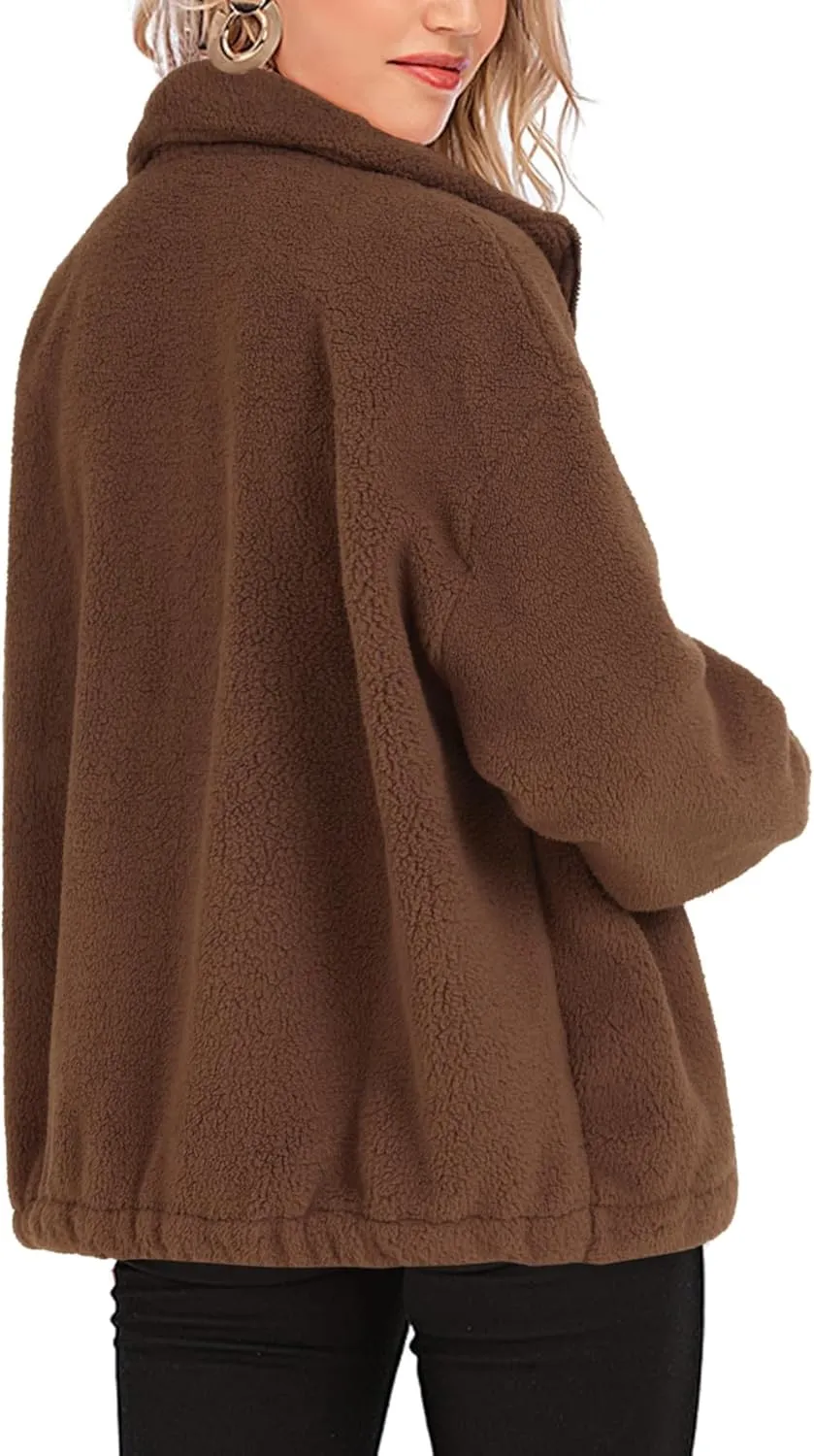 Rooscier Women's Full Zip Fleece Lapel Long Sleeve Fuzzy Sherpa Jacket Warm Teddy Coat