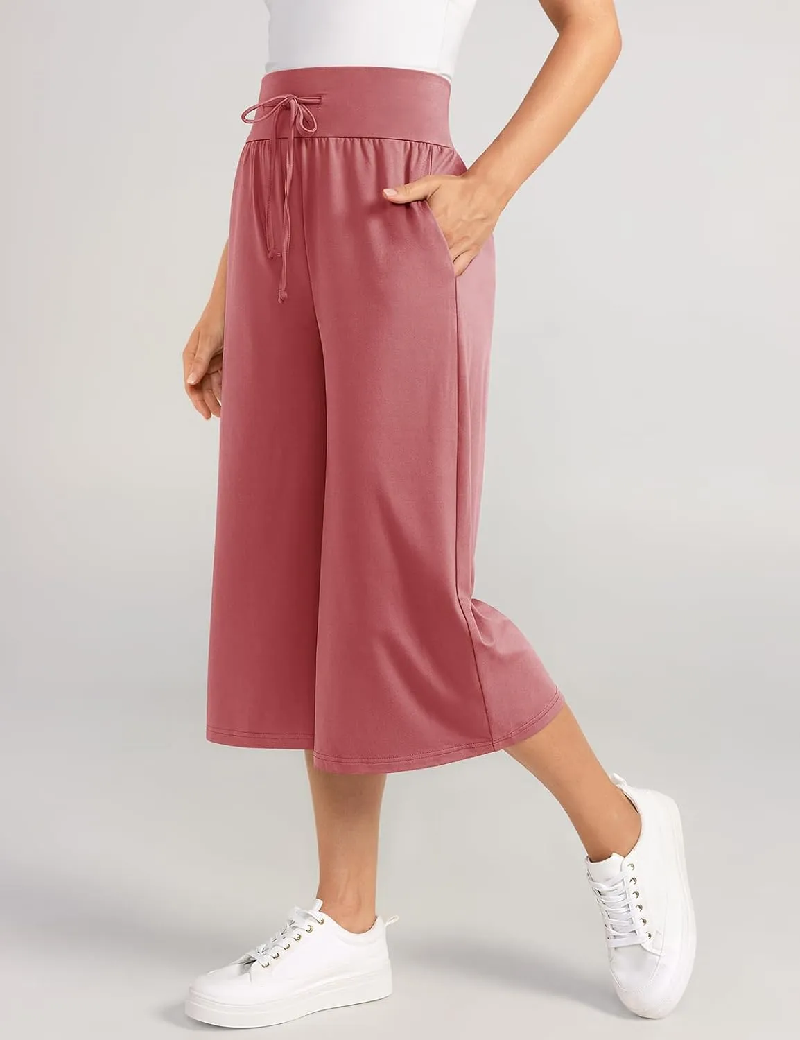 TARSE Wide Leg Cropped Palazzo Pants for Women Culottes with Pockets Summer Gaucho Pants