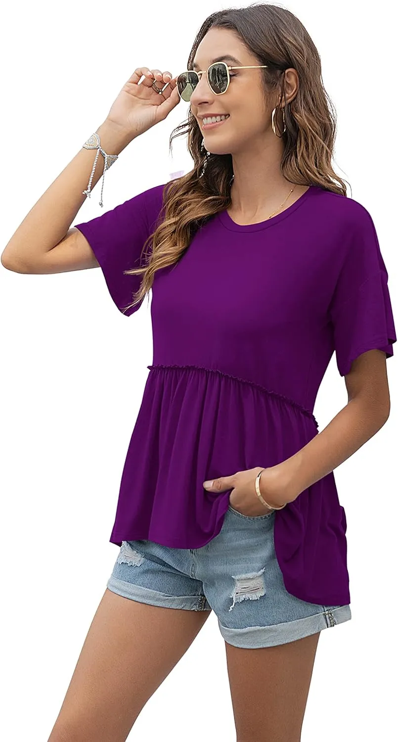 TASAMO Women's Loose Ruffle Hem Short Sleeve High Low Peplum Blouse Top