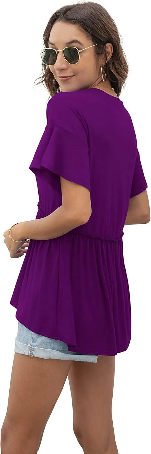 TASAMO Women's Loose Ruffle Hem Short Sleeve High Low Peplum Blouse Top