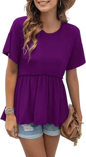 TASAMO Women's Loose Ruffle Hem Short Sleeve High Low Peplum Blouse Top