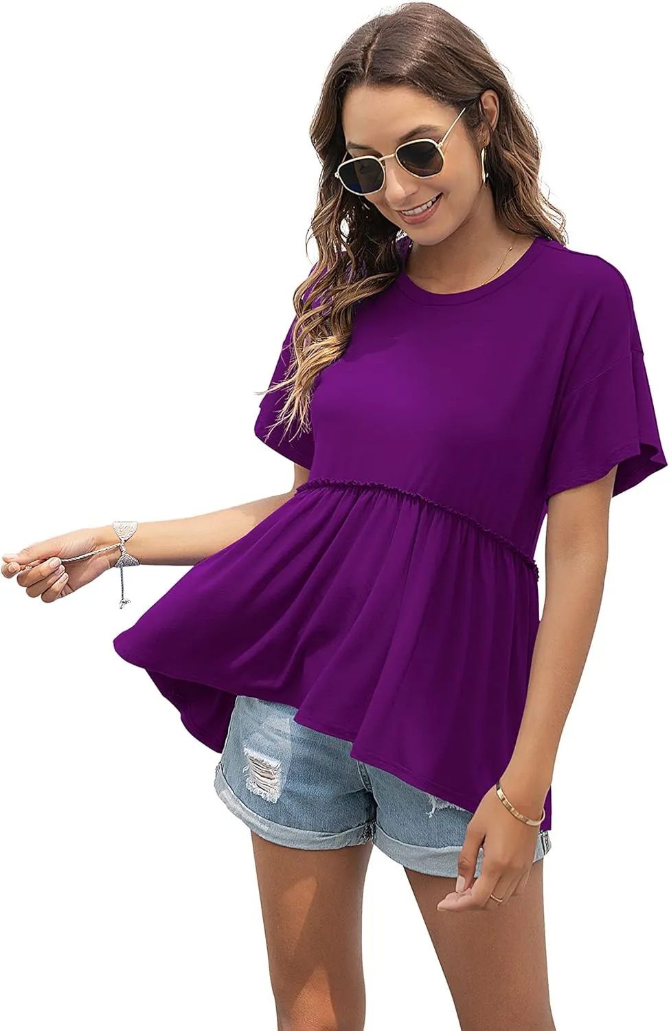 TASAMO Women's Loose Ruffle Hem Short Sleeve High Low Peplum Blouse Top