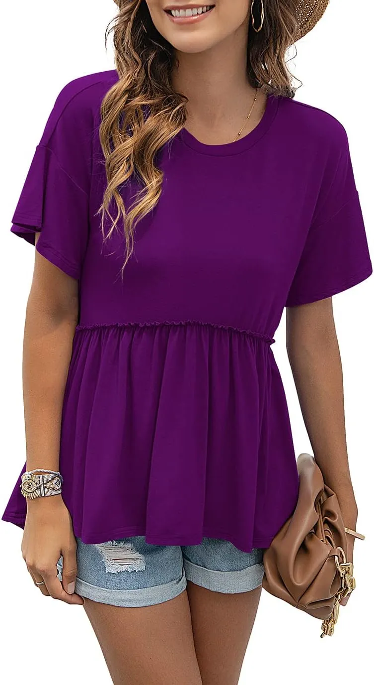 TASAMO Women's Loose Ruffle Hem Short Sleeve High Low Peplum Blouse Top