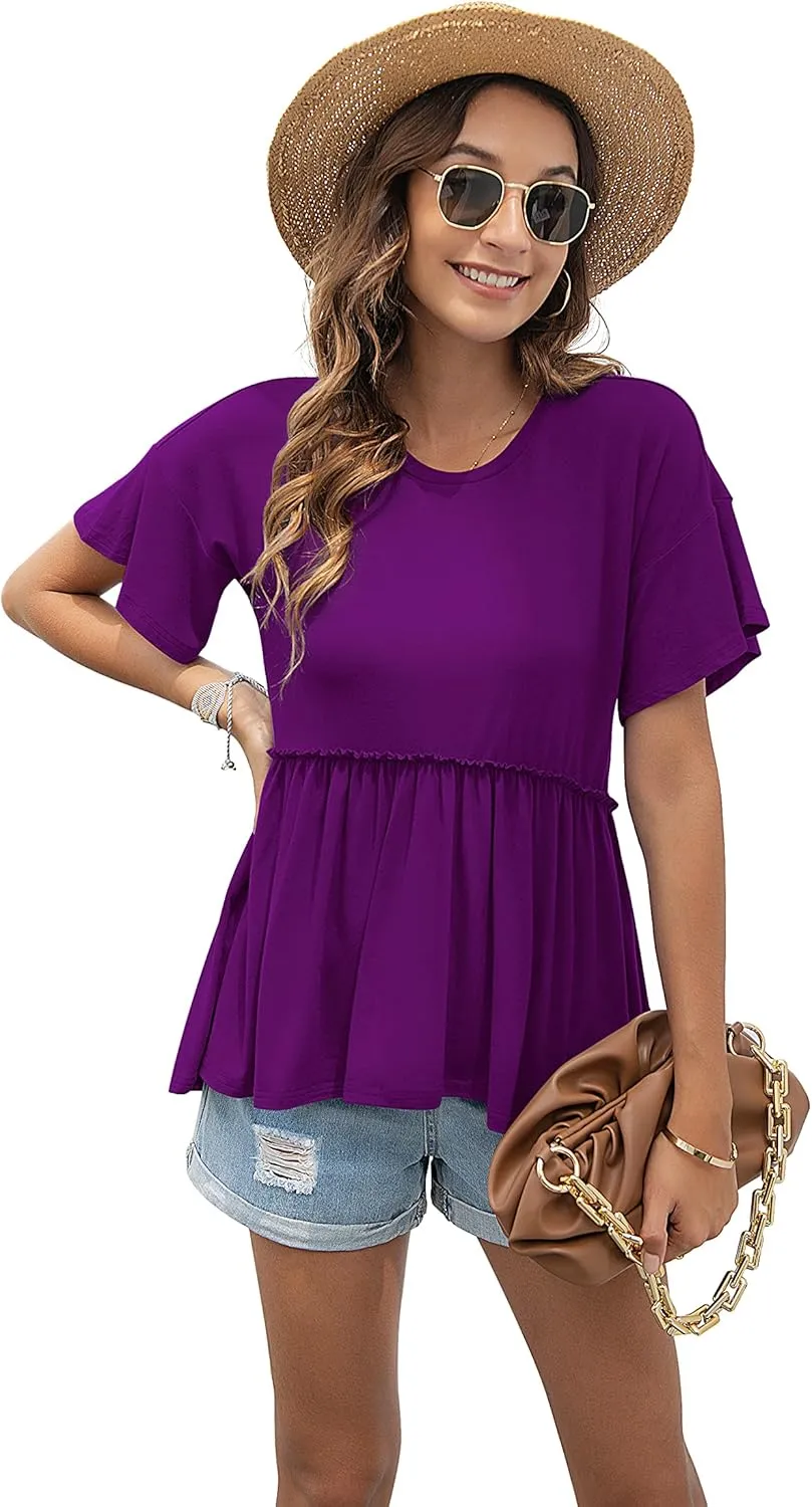 TASAMO Women's Loose Ruffle Hem Short Sleeve High Low Peplum Blouse Top