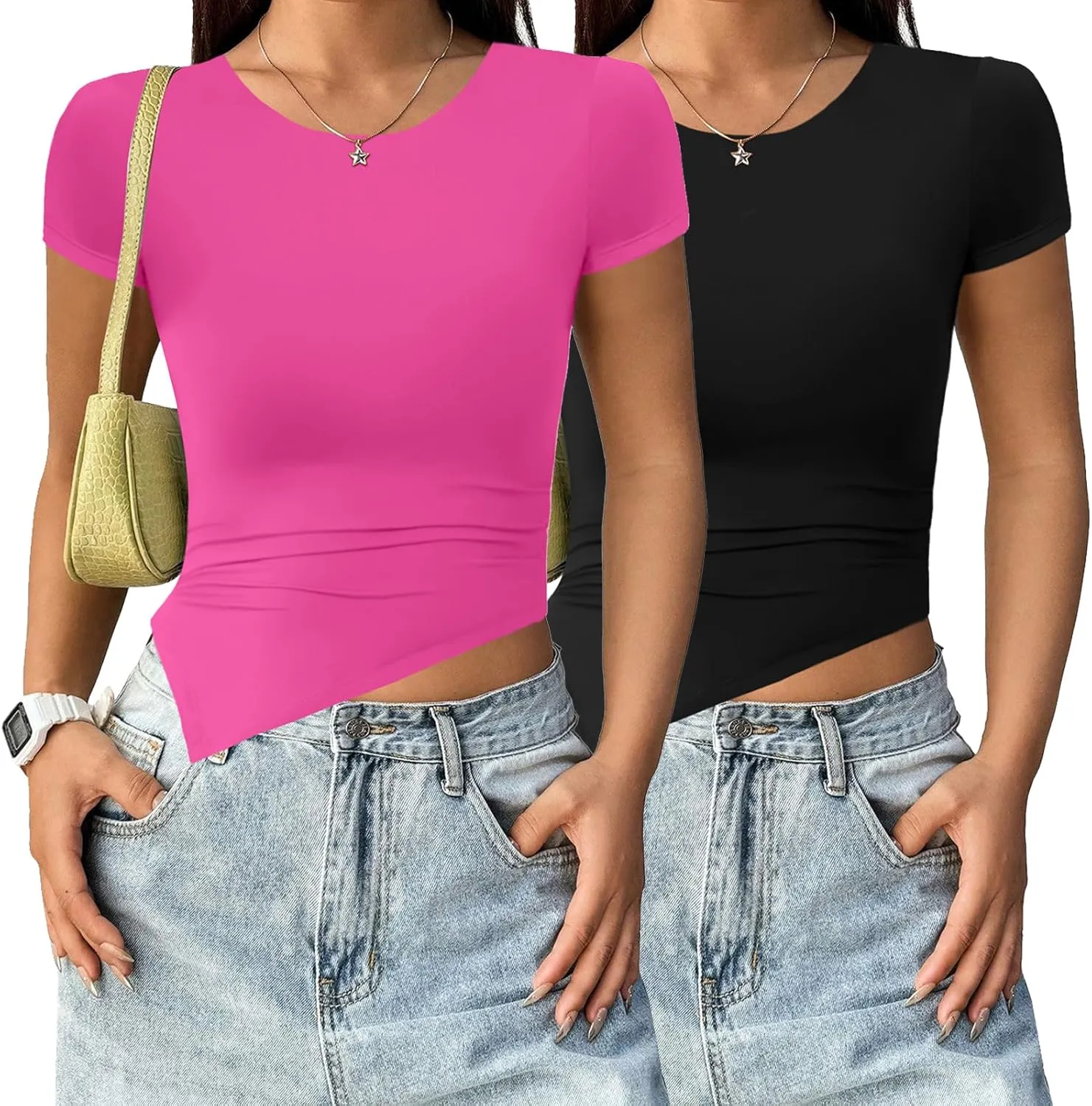 WAYMAKER Women Short Sleeve Ruched Gym Shirts Crew Neck Athletic Trendy Going Out Crop Tops 2 Pack