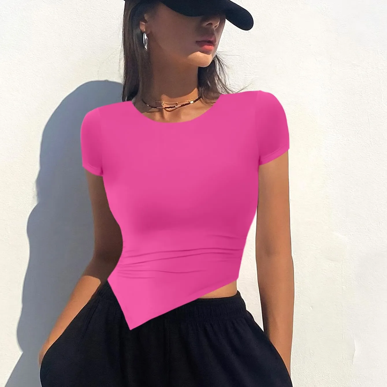 WAYMAKER Women Short Sleeve Ruched Gym Shirts Crew Neck Athletic Trendy Going Out Crop Tops 2 Pack