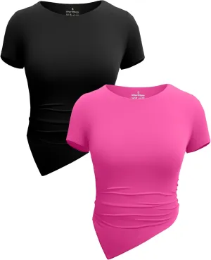 WAYMAKER Women Short Sleeve Ruched Gym Shirts Crew Neck Athletic Trendy Going Out Crop Tops 2 Pack