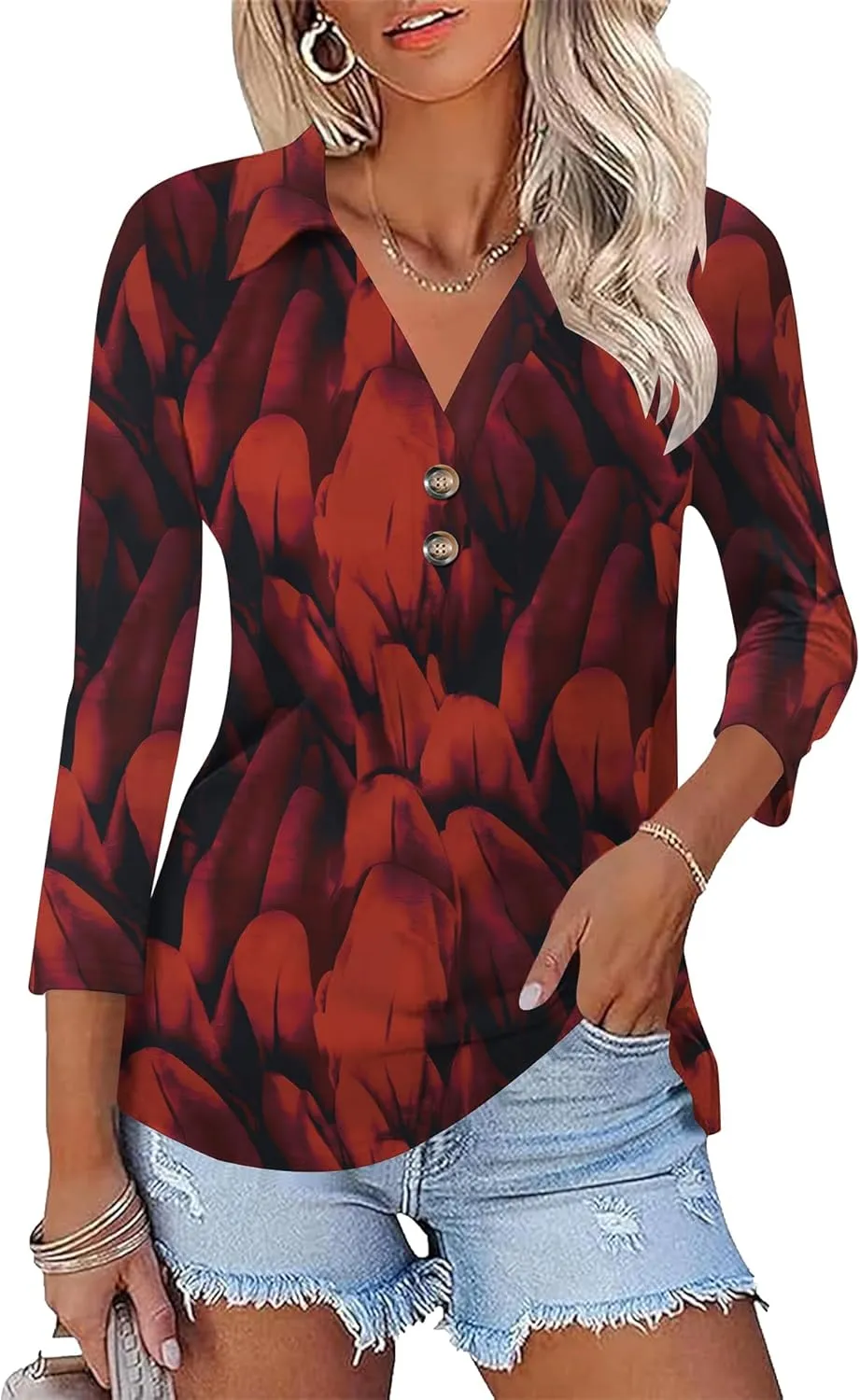 Womens 3/4 Sleeve V Neck T Shirt Floral Collared Button Down Shirts for Women S-XXL