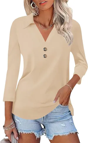 Womens 3/4 Sleeve V Neck T Shirt Floral Collared Button Down Shirts for Women S-XXL