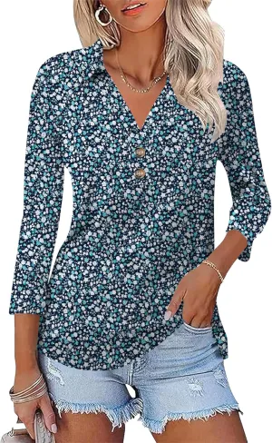 Womens 3/4 Sleeve V Neck T Shirt Floral Collared Button Down Shirts for Women S-XXL