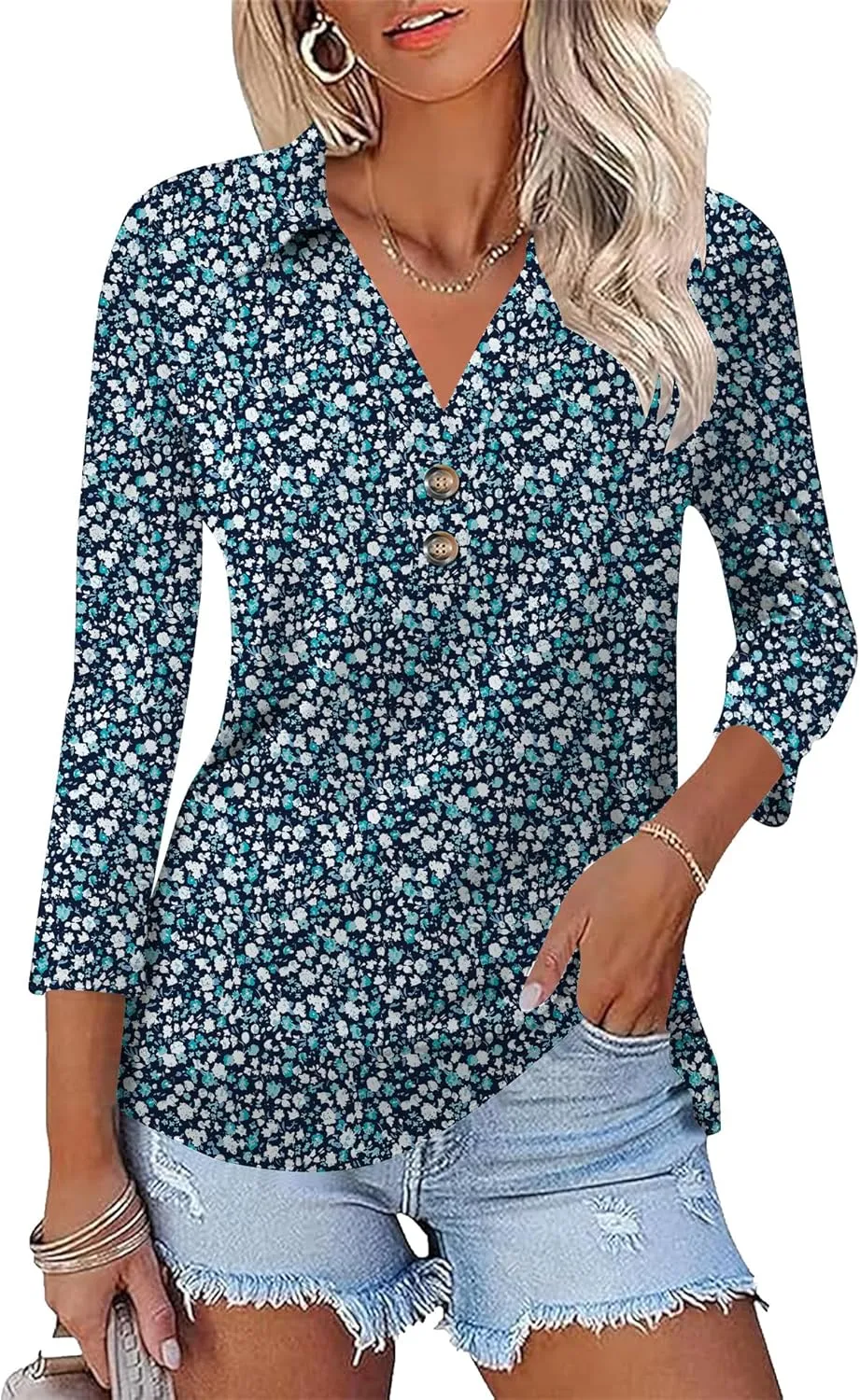 Womens 3/4 Sleeve V Neck T Shirt Floral Collared Button Down Shirts for Women S-XXL