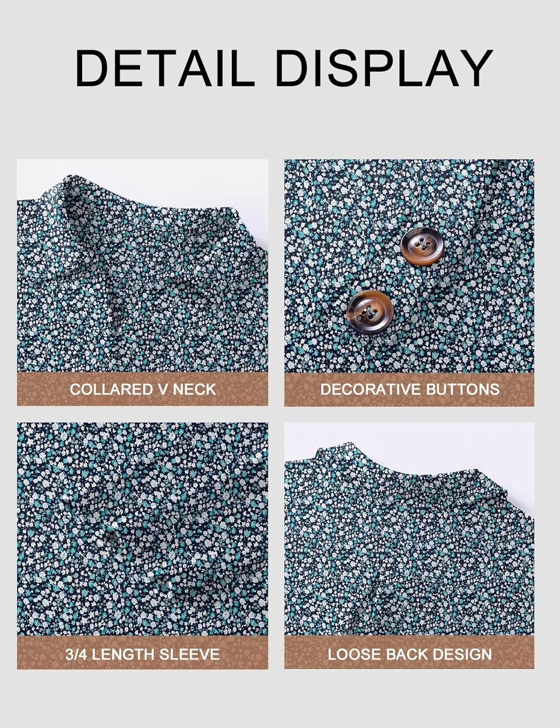 Womens 3/4 Sleeve V Neck T Shirt Floral Collared Button Down Shirts for Women S-XXL