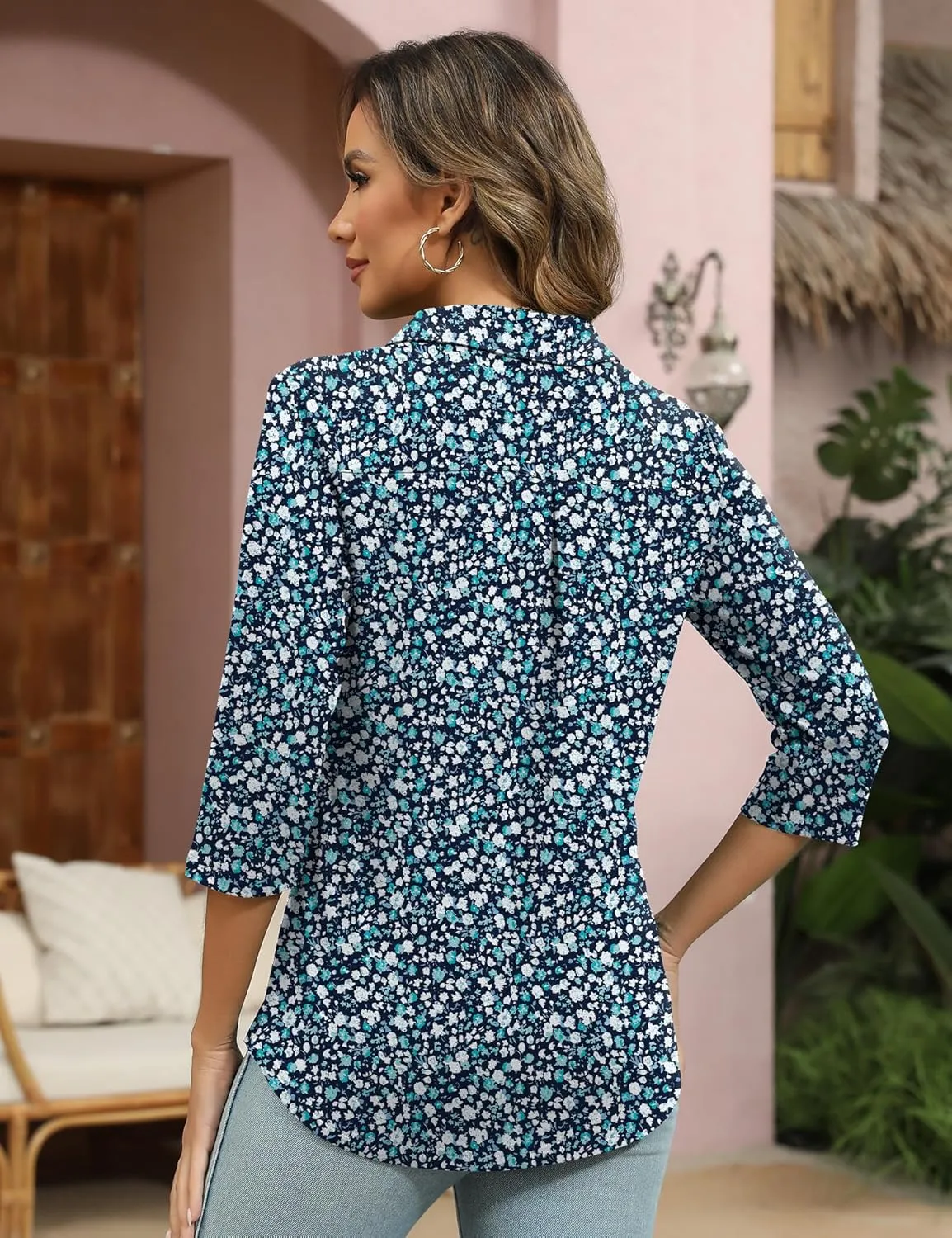 Womens 3/4 Sleeve V Neck T Shirt Floral Collared Button Down Shirts for Women S-XXL